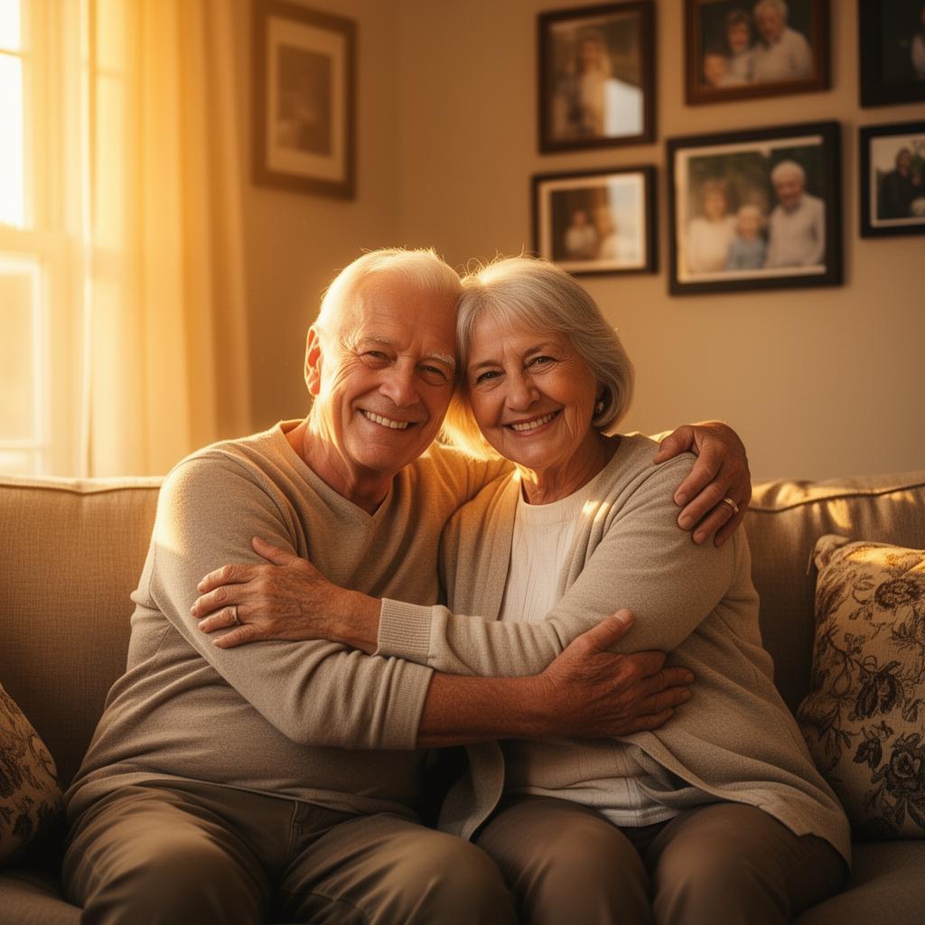 Smiling senior couple sitting together at home, comforted that their family is protected.